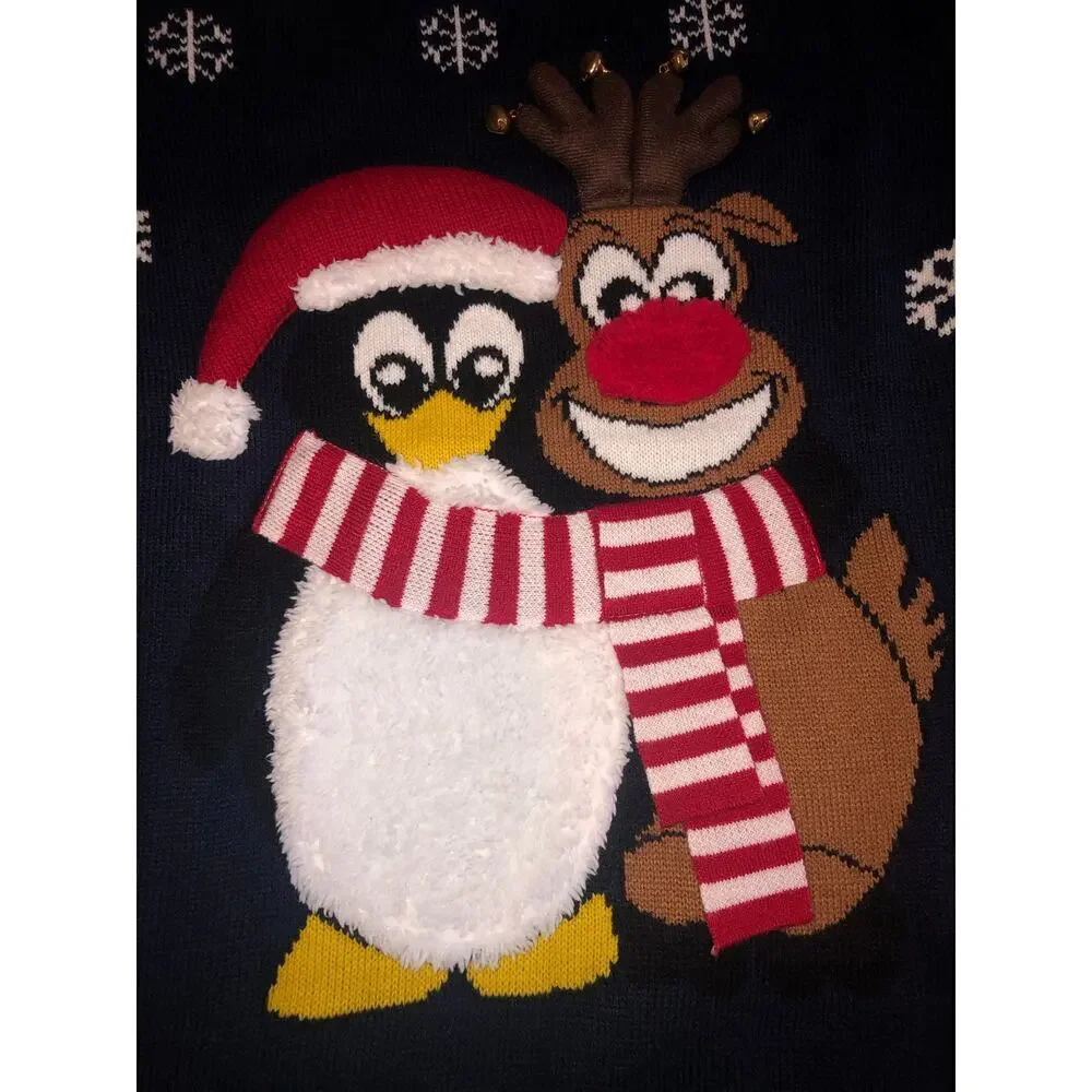 Christmas Sweater Penguin Reindeer Snowflakes Size M Mens Blue Jumper Textured